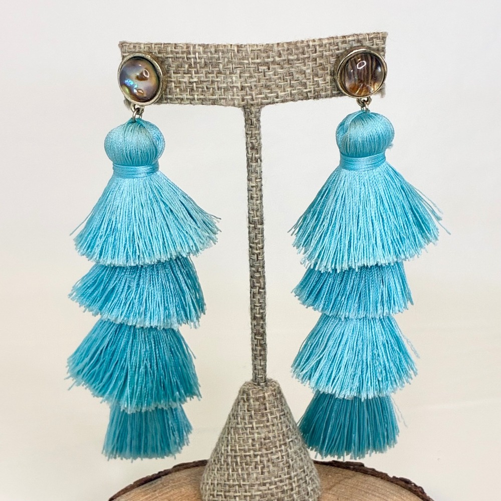 BaubleBar Tassel Earrings Tiered Fringe Turquoise Blue Abalone Shell Statement - Picture 2 of 14